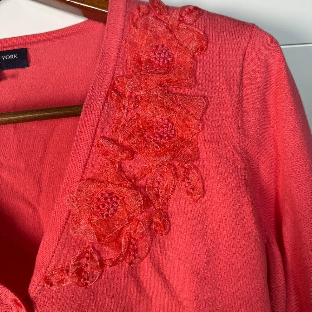 JONES New York Signature Ladies Coral Button Down Cardigan with Flower Applique